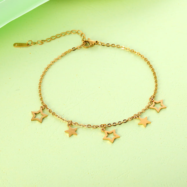 Tobillera Cadena Plana Con Tres Estrellas Huecas Y Dos Estrellas Sólidas De Acero Inoxidable