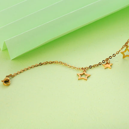 Tobillera Cadena Plana Con Tres Estrellas Huecas Y Dos Estrellas Sólidas De Acero Inoxidable