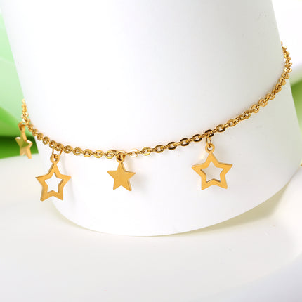 Tobillera Cadena Plana Con Tres Estrellas Huecas Y Dos Estrellas Sólidas De Acero Inoxidable