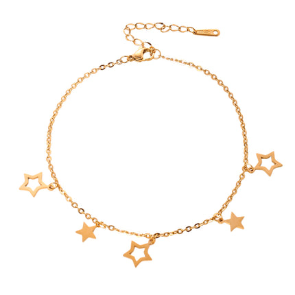 Tobillera Cadena Plana Con Tres Estrellas Huecas Y Dos Estrellas Sólidas De Acero Inoxidable