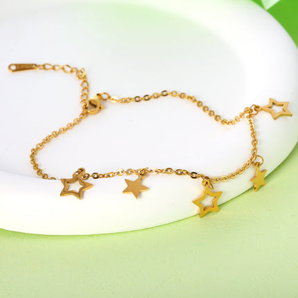 Tobillera Cadena Plana Con Tres Estrellas Huecas Y Dos Estrellas Sólidas De Acero Inoxidable