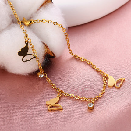 Tobillera De Acero Inoxidable Cadena Plana Con Mariposa Ahuecada Con Dos Diamantes De Imitación
