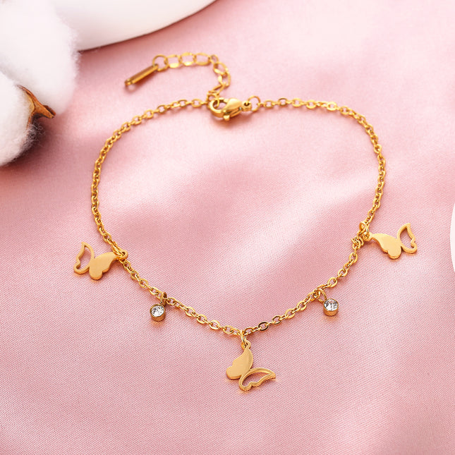 Tobillera De Acero Inoxidable Cadena Plana Con Mariposa Ahuecada Con Dos Diamantes De Imitación