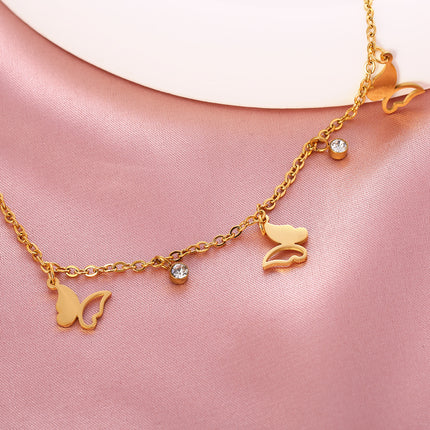 Tobillera De Acero Inoxidable Cadena Plana Con Mariposa Ahuecada Con Dos Diamantes De Imitación