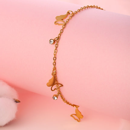 Tobillera De Acero Inoxidable Cadena Plana Con Mariposa Ahuecada Con Dos Diamantes De Imitación