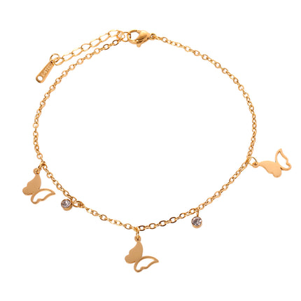 Tobillera De Acero Inoxidable Cadena Plana Con Mariposa Ahuecada Con Dos Diamantes De Imitación