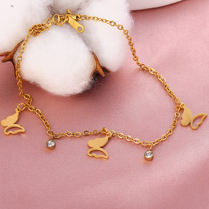 Tobillera De Acero Inoxidable Cadena Plana Con Mariposa Ahuecada Con Dos Diamantes De Imitación