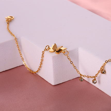 Tobillera Cadena Plana De Acero Inoxidable Con Mariposa De Arena Prensada Y Aros De Diamantes