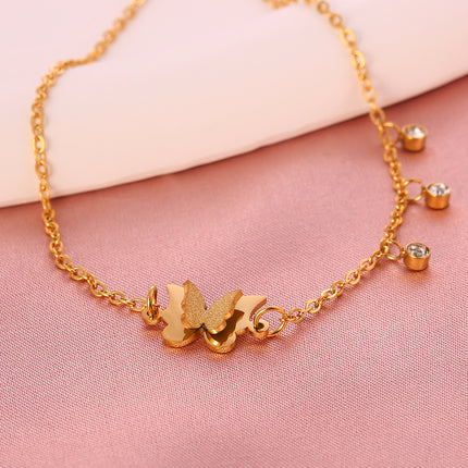 Tobillera Cadena Plana De Acero Inoxidable Con Mariposa De Arena Prensada Y Aros De Diamantes