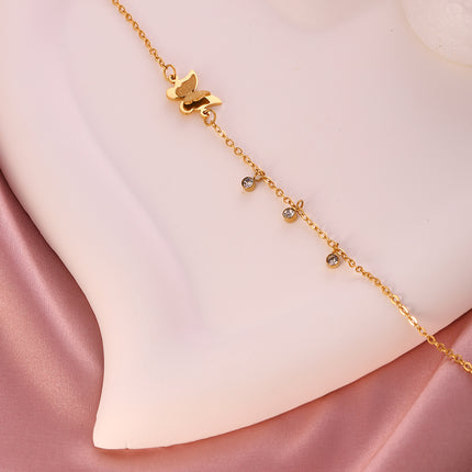 Tobillera Cadena Plana De Acero Inoxidable Con Mariposa De Arena Prensada Y Aros De Diamantes