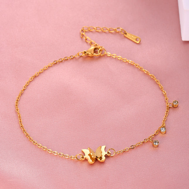 Tobillera Cadena Plana De Acero Inoxidable Con Mariposa De Arena Prensada Y Aros De Diamantes
