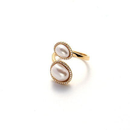 Anillo Ajustable Abierto Con Perlas Y Diamantes Diseño Elegante De Cobre Chapado En Oro 14K
