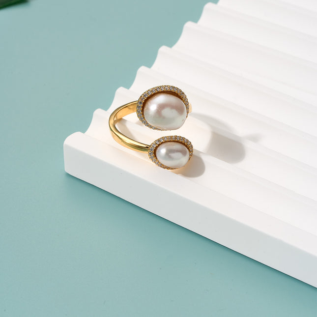 Anillo Ajustable Abierto Con Perlas Y Diamantes Diseño Elegante De Cobre Chapado En Oro 14K