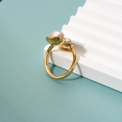 Anillo Ajustable Abierto Con Perlas Y Diamantes Diseño Elegante De Cobre Chapado En Oro 14K