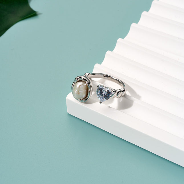 Anillo Ajustable Con Diseño Perla Y Diamantes En Forma De Corazón De Cobre