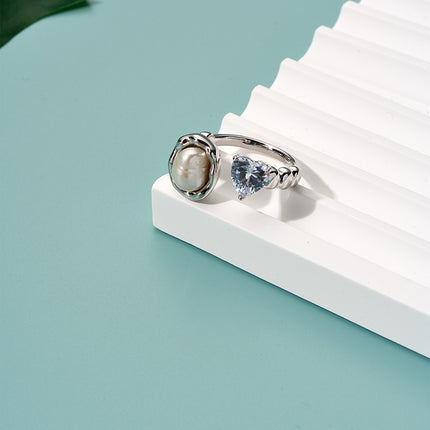Anillo Ajustable Con Diseño Perla Y Diamantes En Forma De Corazón De Cobre