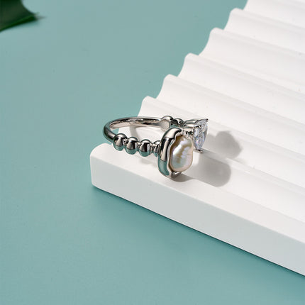 Anillo Ajustable Con Diseño Perla Y Diamantes En Forma De Corazón De Cobre