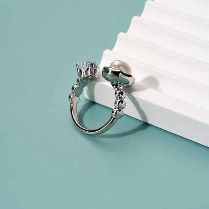 Anillo Ajustable Con Diseño Perla Y Diamantes En Forma De Corazón De Cobre
