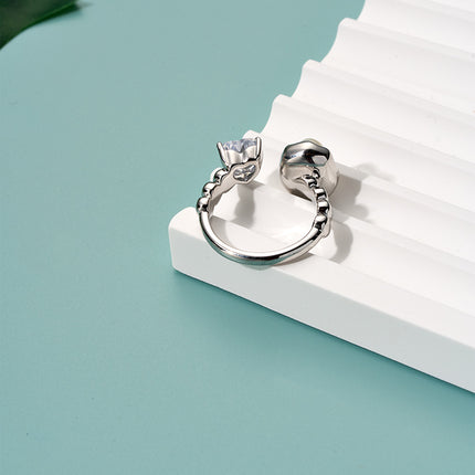 Anillo Ajustable Con Diseño Perla Y Diamantes En Forma De Corazón De Cobre