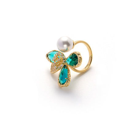Anillo Con Diseño De Perla Y Diamantes De Alta Gama De Cobre Chapado En Oro 14K