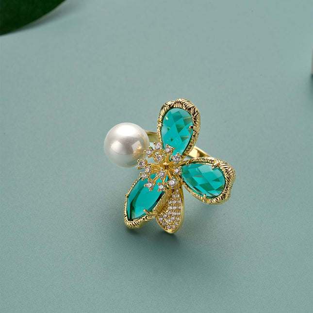 Anillo Con Diseño De Perla Y Diamantes De Alta Gama De Cobre Chapado En Oro 14K