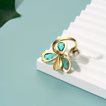 Anillo Con Diseño De Perla Y Diamantes De Alta Gama De Cobre Chapado En Oro 14K