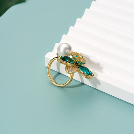 Anillo Con Diseño De Perla Y Diamantes De Alta Gama De Cobre Chapado En Oro 14K