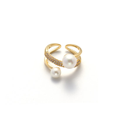 Anillo Con Diseño Abierto De Lujo De Perlas Y Diamantes De Dos Capas De Cobre Chapado En Oro 14K
