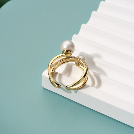 Anillo Con Diseño Abierto De Lujo De Perlas Y Diamantes De Dos Capas De Cobre Chapado En Oro 14K