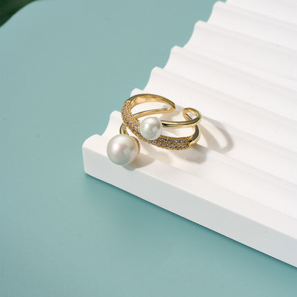 Anillo Con Diseño Abierto De Lujo De Perlas Y Diamantes De Dos Capas De Cobre Chapado En Oro 14K