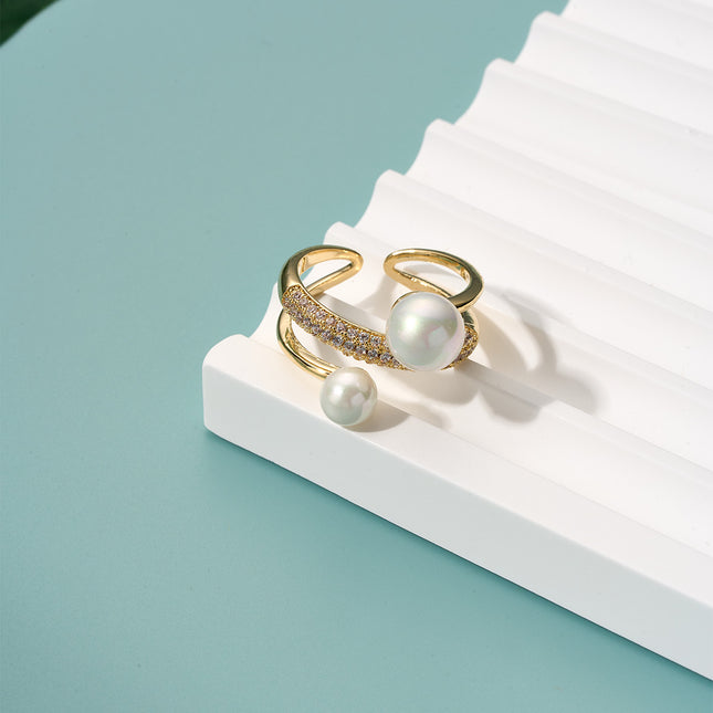 Anillo Con Diseño Abierto De Lujo De Perlas Y Diamantes De Dos Capas De Cobre Chapado En Oro 14K