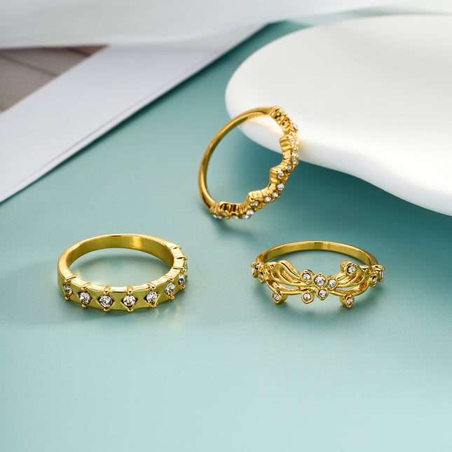 Juego De Anillos Con Incrustaciones De Diamantes Y Moda De Aleación Chapado En Oro 14K