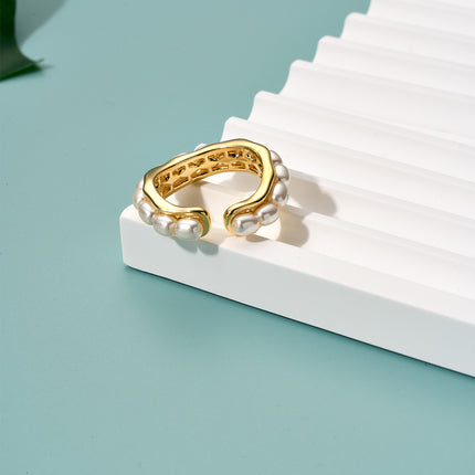 Anillo Ajustable Con Diseño Minimalista De Perla Con Estilo Luxe De Cobre Chapado En Oro 14K