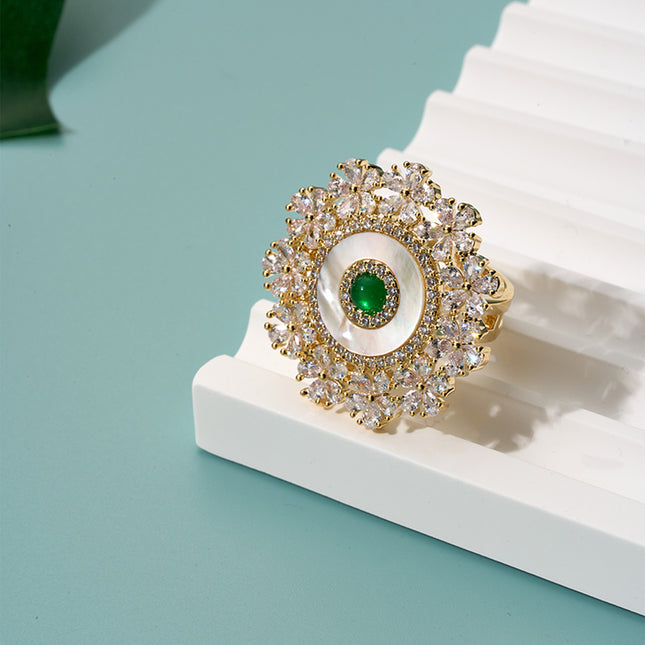 Anillo Vintage De Flor Con Perlas Y Diamantes Diseño De Capas De Cobre Chapado En Oro 14K