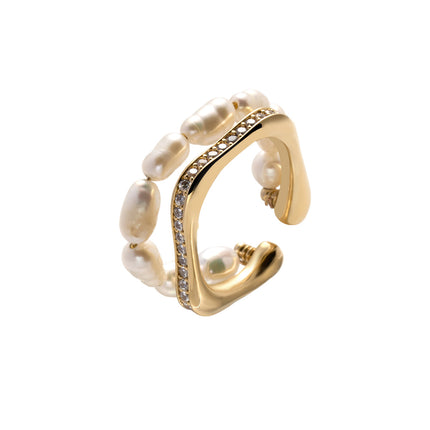 Anillo Ajustable Con Diseño Minimalista Perlas Y Diamantes De Cobre Chapado En Oro 14K