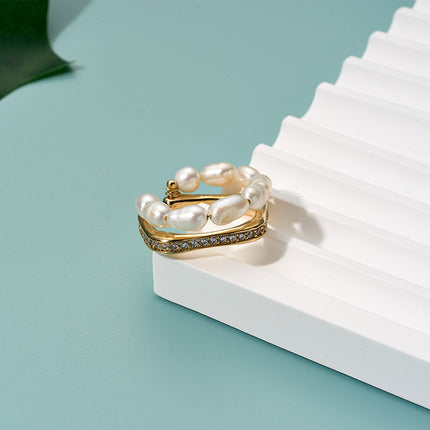 Anillo Ajustable Con Diseño Minimalista Perlas Y Diamantes De Cobre Chapado En Oro 14K