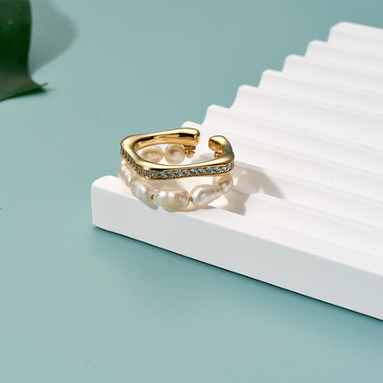Anillo Ajustable Con Diseño Minimalista Perlas Y Diamantes De Cobre Chapado En Oro 14K