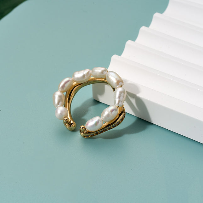 Anillo Ajustable Con Diseño Minimalista Perlas Y Diamantes De Cobre Chapado En Oro 14K