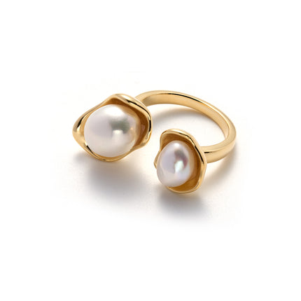Anillo Ajustable Retro Con Perlas De Diseño Elegante De Alta Gama De Cobre Chapado En Oro 14K