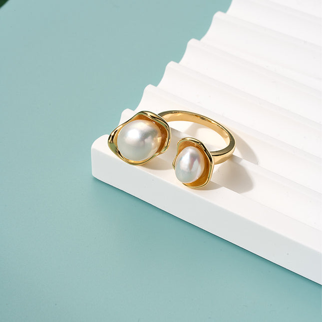 Anillo Ajustable Retro Con Perlas De Diseño Elegante De Alta Gama De Cobre Chapado En Oro 14K