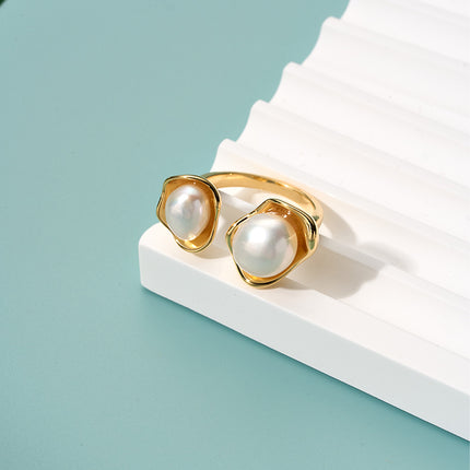 Anillo Ajustable Retro Con Perlas De Diseño Elegante De Alta Gama De Cobre Chapado En Oro 14K