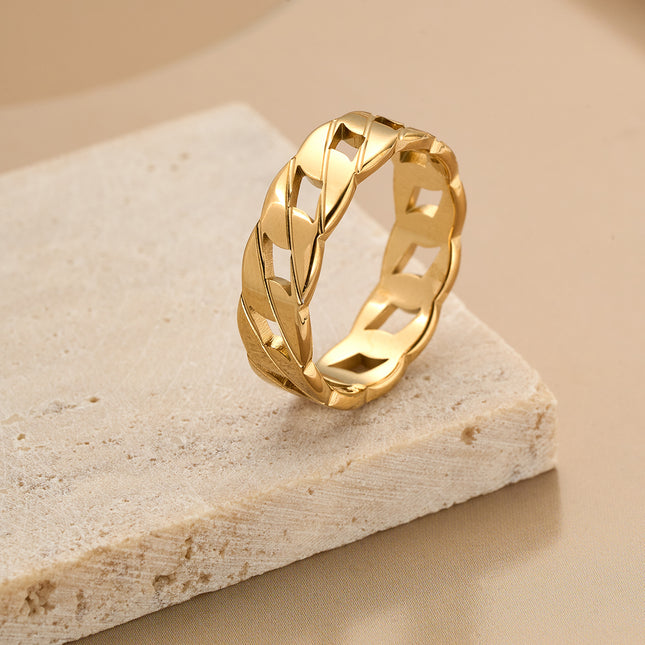 Anillo Con Diseño De Cadena Calada Y Hueco De Acero Inoxidable Chapado En Oro 14K