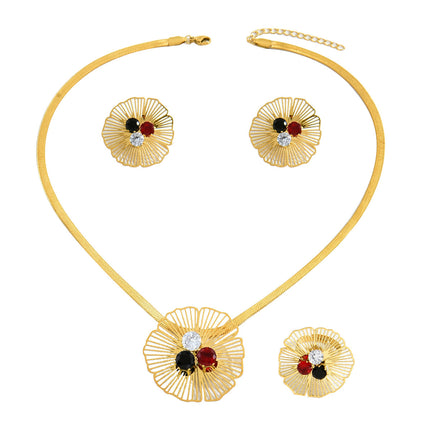 Conjunto De Pendientes, Collar Y Anillo Con Diseño Floral De Lujo Ligero De Cobre Chapado En Oro 14K