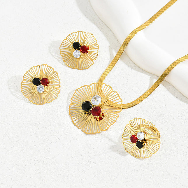 Conjunto De Pendientes, Collar Y Anillo Con Diseño Floral De Lujo Ligero De Cobre Chapado En Oro 14K