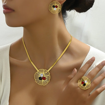 Conjunto De Pendientes, Collar Y Anillo Con Diseño Floral De Lujo Ligero De Cobre Chapado En Oro 14K