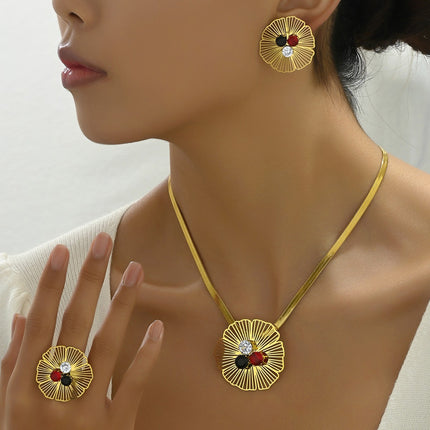Conjunto De Pendientes, Collar Y Anillo Con Diseño Floral De Lujo Ligero De Cobre Chapado En Oro 14K