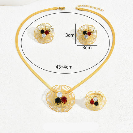 Conjunto De Pendientes, Collar Y Anillo Con Diseño Floral De Lujo Ligero De Cobre Chapado En Oro 14K