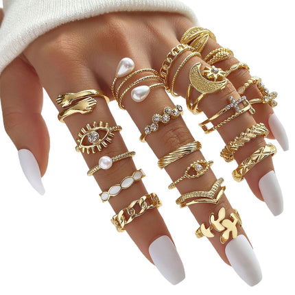 Juego De Anillos Con Diseño De Ojo Con Cruz Y Diseño De Hoja De Aleación Chapado En Oro 14K
