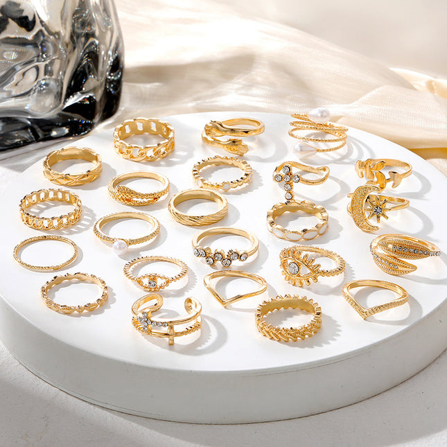 Juego De Anillos Con Diseño De Ojo Con Cruz Y Diseño De Hoja De Aleación Chapado En Oro 14K