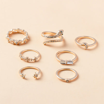 Juego De Anillos Con Diseño De Estrella Y Luna Con Diamantes De Aleación Chapado En Oro 14K